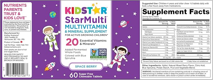 KidStar Nutrients StarMulti Chewable Multivitamin and Multimineral Tablets for Kids Plus Organic Fermented Whole Foods Vegan Sugar Free Space Berry 60 Chewable Tablets