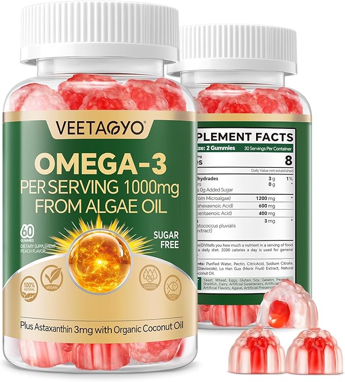 Vegan Omega 3 Gummies 1200mg - Dual Layer - Fish Oil Alternative Marine Algae Omega 3 Supplement DHA 600mg EPA 400mg with AstaxanthinSugar Free60 Cts