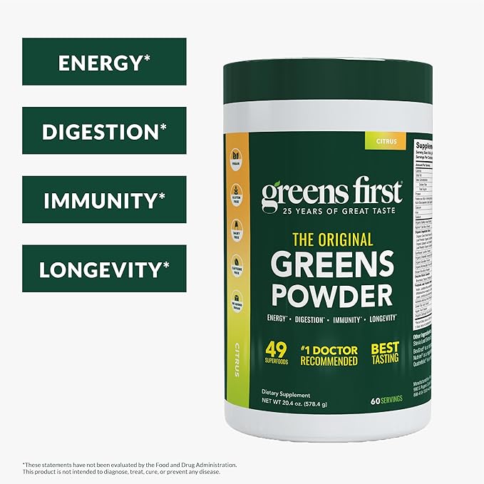 Greens First Original Greens Powder - 49 Superfoods - Organic Fruits &amp Veggies - Prebiotics Probiotics &amp Digestive Enzymes - Antioxidant Smoothie - Dairy Free/Vegan/Non-GMO (Citrus 60 Servin