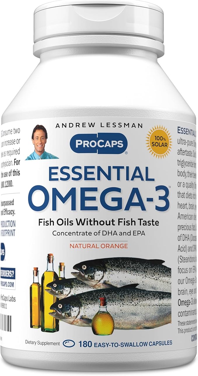 ANDREW LESSMAN Essential Omega-3 Orange - 180 Softgels - Ultra-Pure High Potency Omega-3 Oils. High DHA No Stomach Upset No Contaminants No Mercury. Small Easy to Swallow Softgels