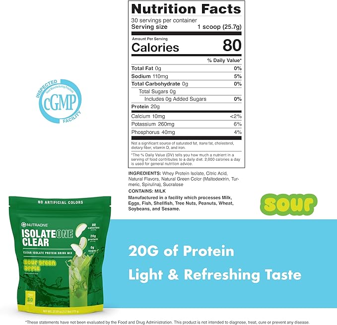 NutraOne Clear Whey Protein Powder Drink Mix Naturally &amp Artificially Flavored Clear Protein Drink 20g of Protein Zero Sugar (Sour Green Apple - 30 Servings)