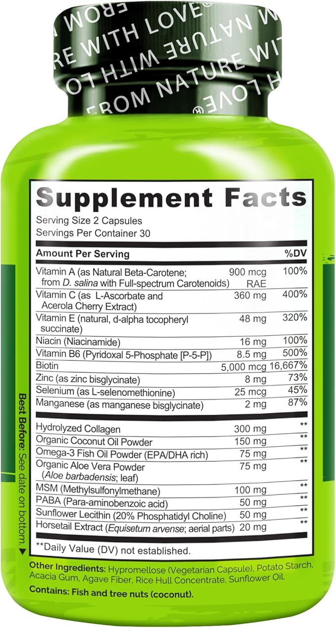 NATURELO Hair Skin and Nails Vitamins - 5000 mcg Biotin Collagen Natural Vitamin E - Supplement for Healthy Skin Hair Growth for Women and Men – 60 Capsules