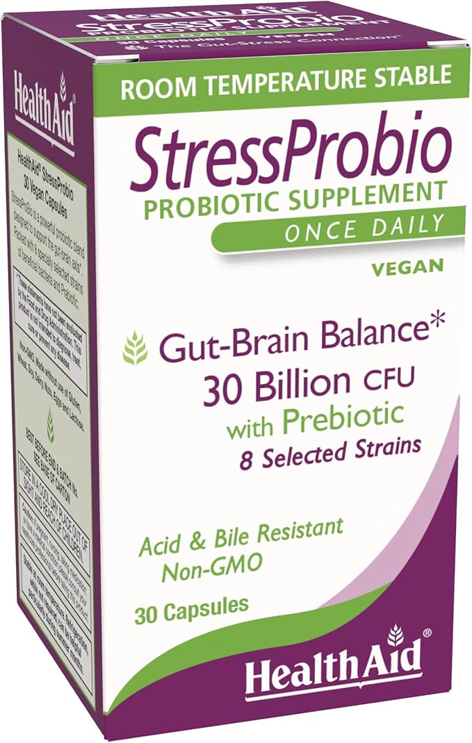HealthAid StressProbio – Gut-Brain Probiotic Supplement 30 Billion CFU 8 Vegan Strains + Prebiotic 30 Capsules Supports Gut Health &amp Emotional Well-Being*