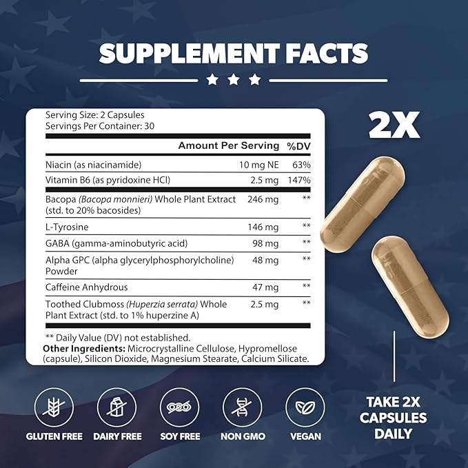 Brain Formula – with Niacin Vitamin B6 &amp GABA – Provides Nutritional Support for Brain Health &amp Mental Performance* – 60 Capsules