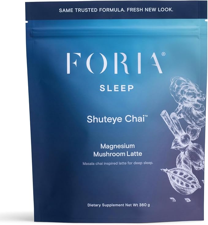 Foria Mellö - Shuteye Chai Magnesium Glycinate Drink Powder for Sleep - Magnesium L Theanine GABA and Mushroom Superblend - Masala Chai Flavor (30 Servings)