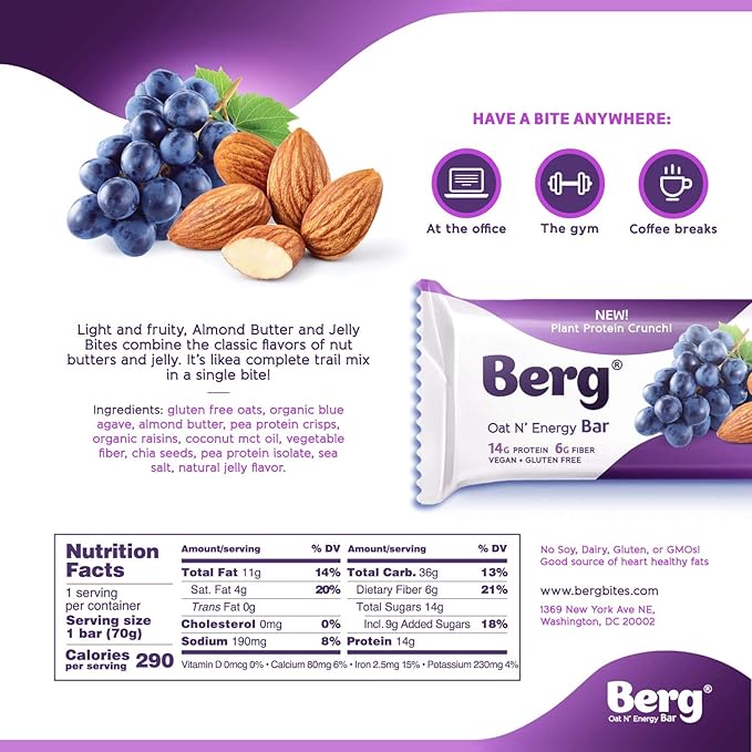 Berg Oat N' Energy Bar | Almond Butter Jelly | Plant Based Protein Bar | Non-GMO Gluten Free Nut Free and Vegan | Low Sugar Healthy Snack Bar | High Fiber | On The Go | 2.5oz (8 Packs)