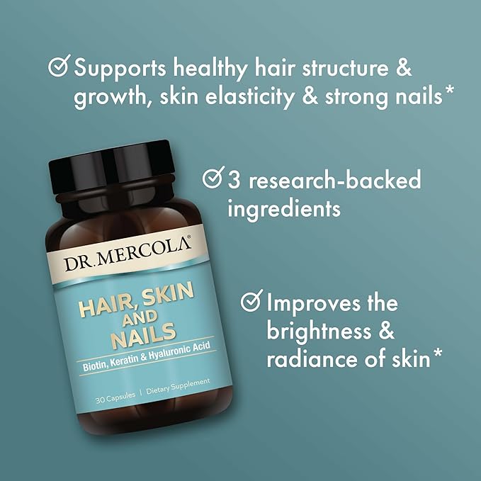 Dr. Mercola Hair Skin and Nails - Provides Biotin Keratin &amp Hyaluronic Acid - Premium Quality - Supports Healthy Aging - Non-GMO Gluten-Free &amp Soy-Free - 30 Capsules (30 Servings)