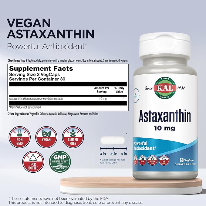 KAL Astaxanthin 10mg Powerful Antioxidants Supplement Eye Health and Brain Supplement From Natural Plant Source Non-GMO Vegan Gluten Free 30 Servings 60 VegCaps