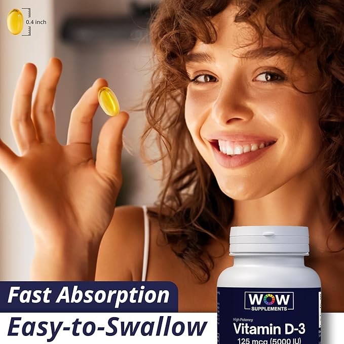 WOW Supplements Vitamin D3 5000 IU Softgels 125 mcg - Vitamin D3 5000IU Supplement for Strong Bones and Immune Support - Non-GMO Gluten Free Vitamin D 5000 IU - VIT D3 5000 IU Softgels - 120 Count