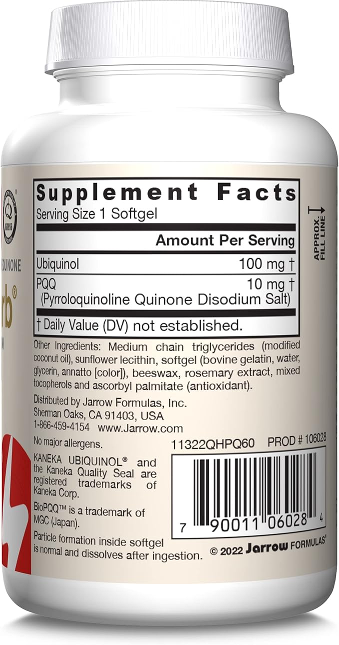 Jarrow Formulas® QH-Absorb® + PQQ Dietary Supplement Antioxidant Support for Mitochondrial Biogenesis Cellular Energy Production and Cardiovascular Health 60 Softgels 60 Day Supply