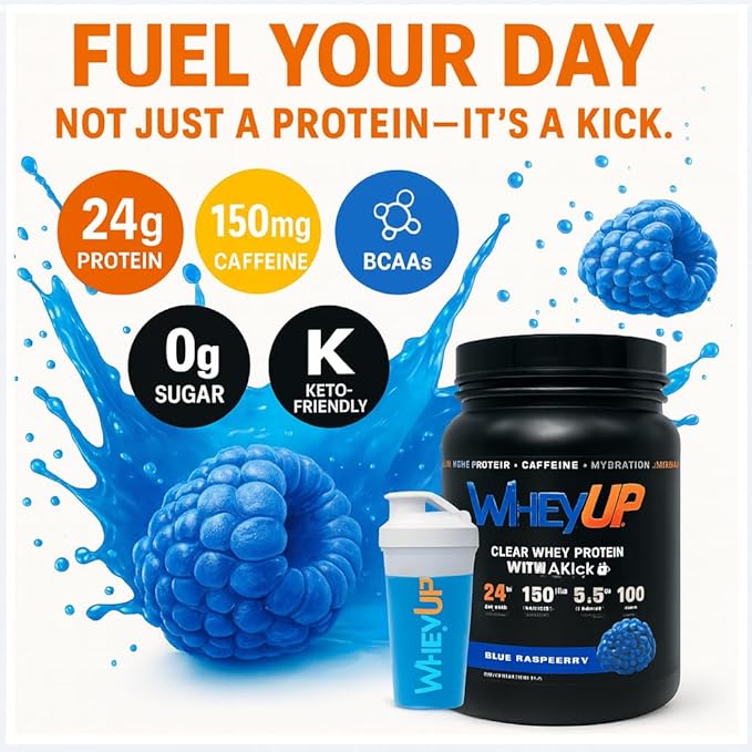 WheyUP Combo Lean Clear Whey Isolate - 24g Protein + 150mg Caffeine - Clear Whey Protein Powder - Sugar-Free - Keto-Friendly - Juice-Style Pre Post Workout Drink - 20 Servings