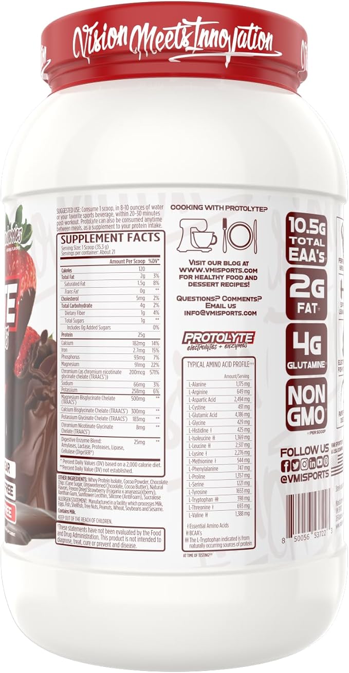 VMI Sports | ProtoLyte Whey Isolate Protein Powder | Low Calorie Whey for Weight Loss and Muscle Gain | Digestive Enzymes | Non-GMO (1.6 lb Chocolate Covered Strawberries)