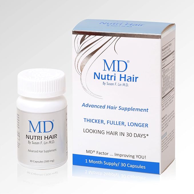 MD Nutri Hair Growth Supplement – Physician Formulated with Lilac Stem Cells Marine Collagen &amp Biotin – Supports Thicker Fuller Hair &amp Reduces Shedding – 30 Drug-Free Vegetable Capsules