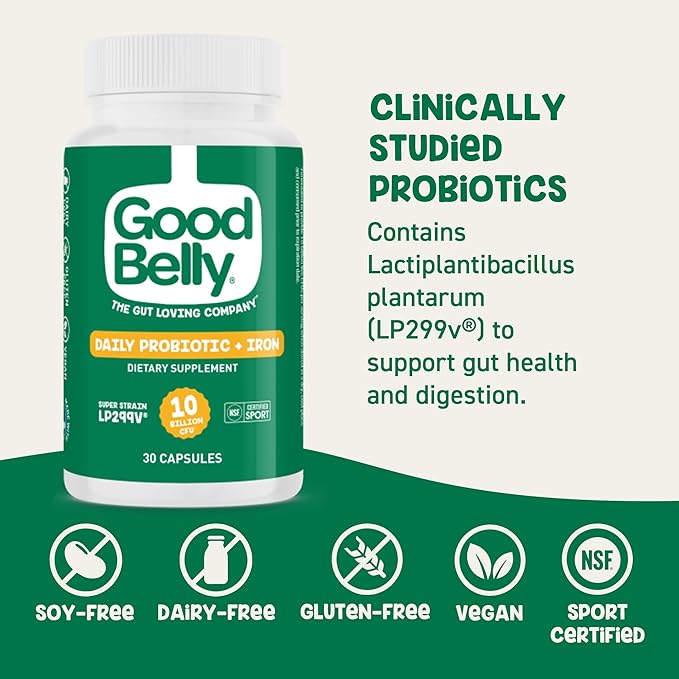GoodBelly Probiotic Capsules for Digestive Health &amp Iron Absorption | Vegan Probiotic Supplement with 10 Billion Live Cultures | Probiotics for Women &amp Men | 30 Capsules