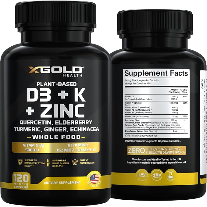 Vitamin D K2 K1 Zinc Quercetin Elderberry Turmeric Ginger &amp Echinacea Whole Food Supplement 8 in 1- D3 5000 IU Plant-Based from Lichen Vitamin K (K2 MK7 MK4 K1) D3 K2 Vitamins -120 Caps