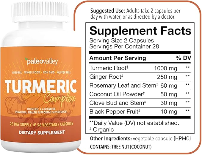 Paleovalley - Organic Turmeric Complex - Full Spectrum Organic Turmeric with Health-Supportive Superfoods - 56 Vegetarian Capsules - Support Joints Immunity Brain and Heart Health