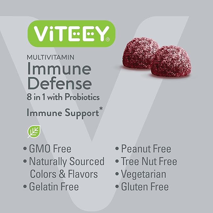 Viteey Multivitamin Gummies 8 in 1 Immune Support Supplement with Probiotics - Immune Boosters for Adults &amp Teens - Vegetarian Gelatin Free GMO Free - Chewable Berry Flavored Pectin Immune Defen