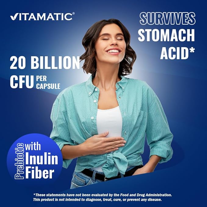 Vitamatic Bifidobacterium lactis - 20 Billion per DR Capsule - 60 Count - Digestive Support - Made with Prebiotic Inulin Fiber - 2 Pack (120 Count)