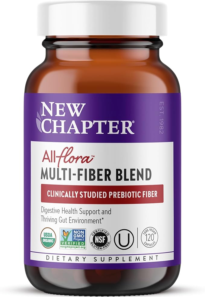 New Chapter All-Flora Multi-Fiber Supplement with Clinically Studied Prebiotic Inulin + Psyllium Husk for Digestion &amp Gut Health Good Source of Daily Fiber USDA Organic 100% Vegan 120 Count