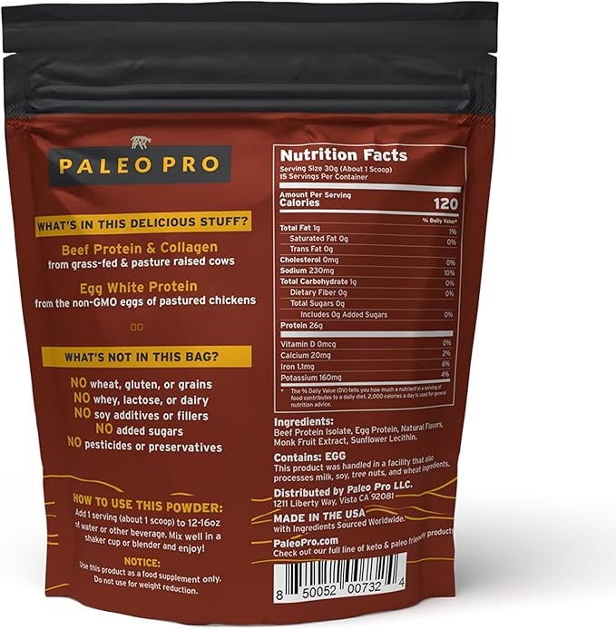 PaleoPro Protein Powder Gluten Dairy Whey and Soy Free - No Added Hormones Pastured Grass-fed Beef Minimally Processed Paleo Ingredients 1lb/454g About 15 Servings Mayan Mocha