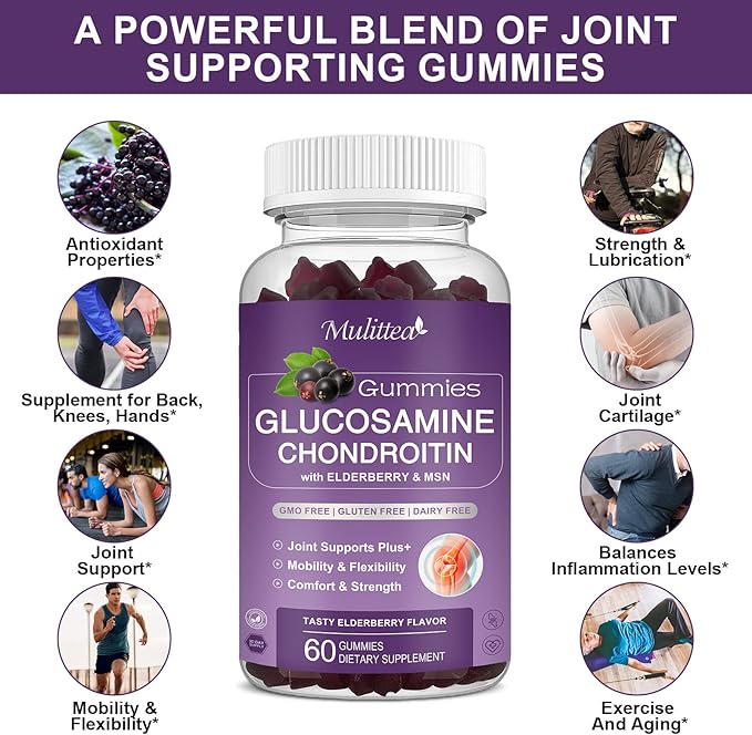 Mulittea Glucosamine Chondroitin Gummies - Extra Strength Joint Support Supplement with MSM &amp Elderberry for Natural Joint Antioxidant Immune Support for Adults Men &amp Women-(2 Pack)