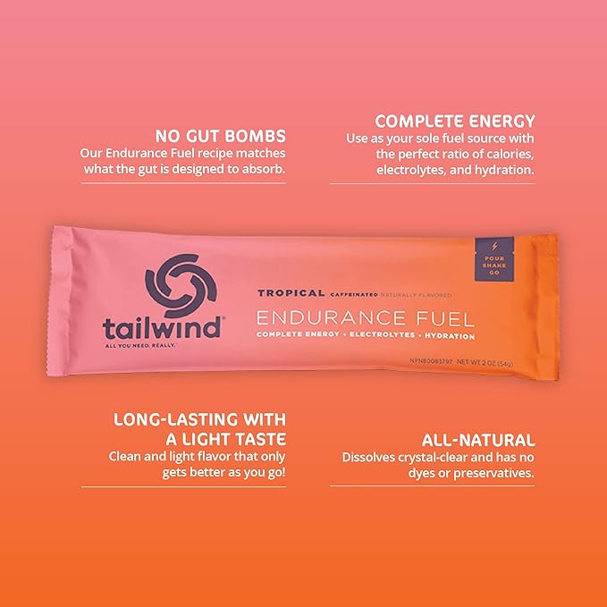 Tailwind Nutrition Endurance Fuel Caffeine Drink Powder Mix Single Serving with Electrolytes Non-GMO Free of Soy Dairy and Gluten Vegan-Friendly Tropical Buzz Pack of 12