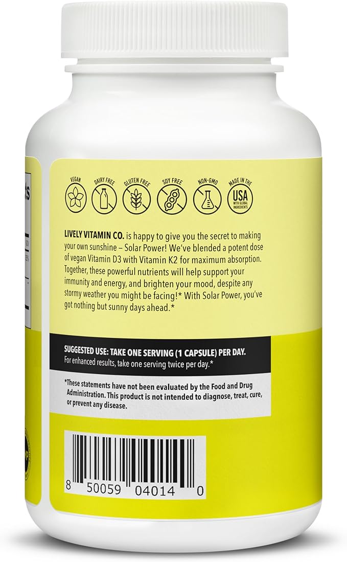 LIVELY VITAMIN CO. Solar Power Vitamin D3 5000 iu - Patented Vitamin K - MK7 - Immune Balance - Brain Function - Mood - Heart - Stress - 180 Count