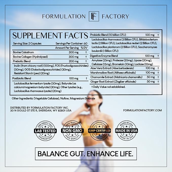 Formulation Factory Gut Intellect 10-in-1 Microbiome Supplement Prebiotics Probiotics Postbiotics Colostrum Collagen Aloe Vera Chamomile Ginger Enzymes Digestive 360 Cap (3 Pack)