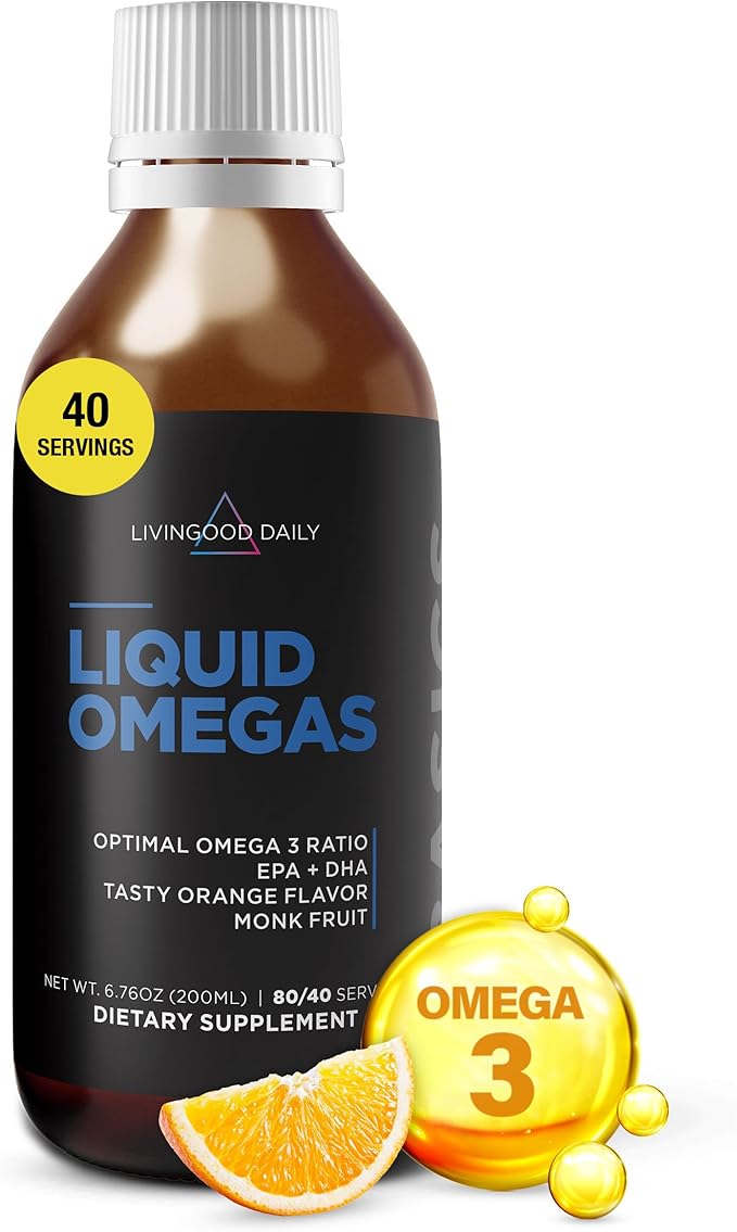 Livingood Daily Liquid Omega 3 Fish Oil EPA &amp DHA Supplement with Monk Fruit &amp Orange Flavor Supports Heart Joint &amp Brain Health Fish Oil for Men &amp Women Non GMO Gluten Free 200