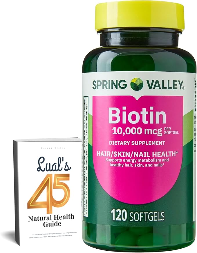 Spring Valley Biotin 10000mcg 120 Count Dietary Supplement for Hair Skin Nails Hair Vitamins for Hair Loss for Women Bundle with Luall's 45 Diabetes Decoded (10.000 mcg 120 Count)