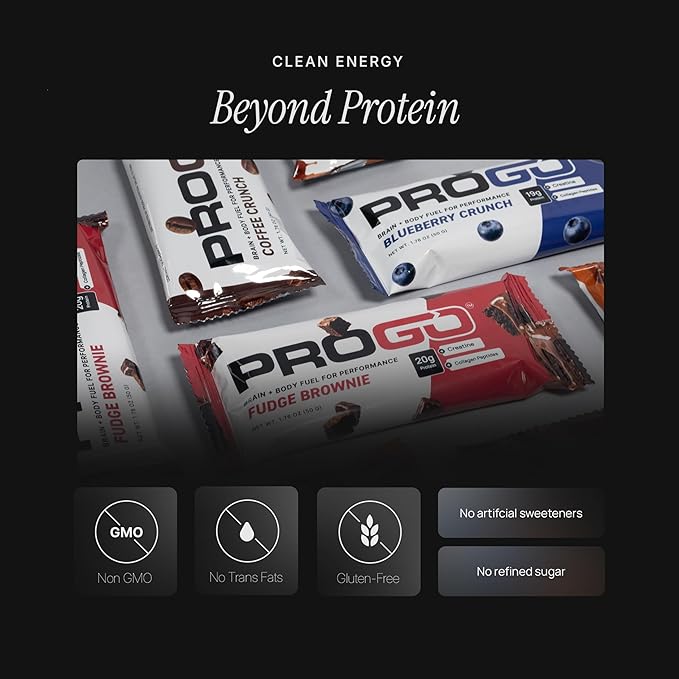 ProGo Protein Bars – Brain + Body Fuel with 20g Clean Protein Creatine &amp Collagen Peptides Made with 95% Pure Isolate Grass-Fed Beef Tallow No Fillers Naturally Sweetened with Honey Gluten-F