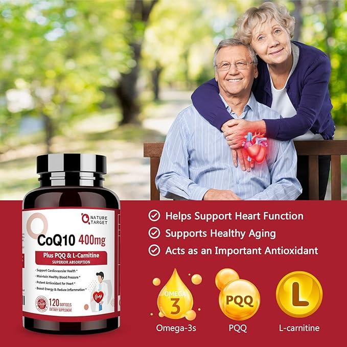 NATURE TARGET CoQ10-400mg with PQQ Omega-3s &amp L-Carnitine High Absorption Coenzyme-Q10 with BioPerine Supports Heart Brain Immune System Energy Production 120 Servings