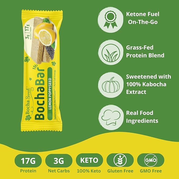 BochaSweet Keto Protein Bar Lemon Poppyseed BochaBar 17g Grass Fed Collagen Low Carb Keto-Friendly Gluten Free 4 Count