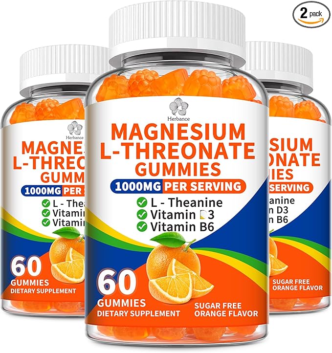 (3 Pack) Magnesium L-threonate Gummies 1000mg for Kids &amp Adults High Absorption Magnesium Threonate with L - Theanine Vitamin D3 &amp B6 for Muscle Nervous System Sugar-Free Orange Flavor