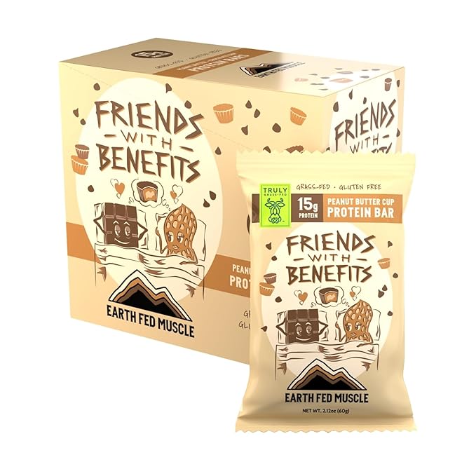 Earth Fed Muscle Friends with Benefits Chocolate Peanut Butter Grass Fed Whey Protein Bars | 15g Protein Snack | Gluten Free Non-GMO All-Natural Peanut Butter Energy | 2.12 oz Bars (10 Count)