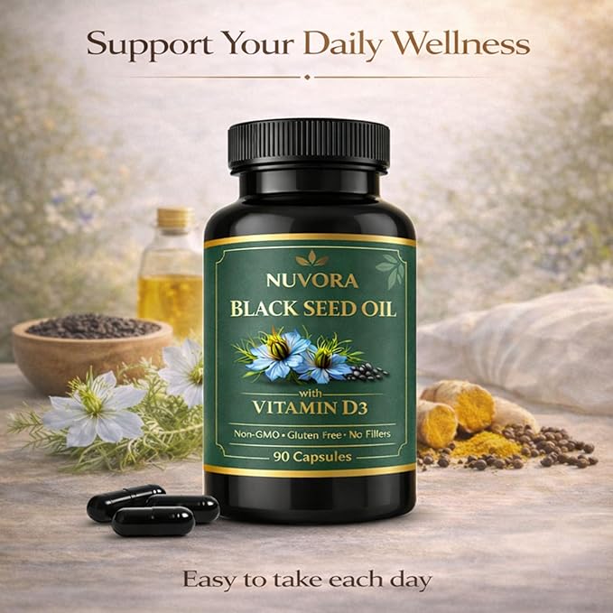 Nuvora Black Seed Oil1000mg with Turmeric &amp Black Pepper Extract Standardized 5% Thymoquinone Supports Overall Wellness &amp Antioxidant Health Non-GMO Gluten Free 90 Softgels (1PC)