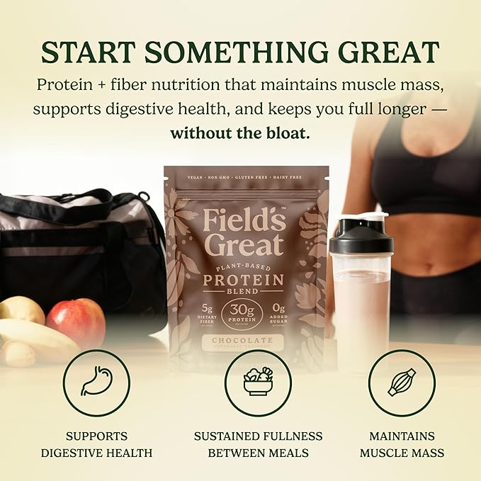 Field's Great All-in-One Plant-Based Chocolate Protein Shake Powder – Healthy Aging 30g Protein 5g Fiber + Probiotics Gut-Friendly Blood Sugar &amp Muscle Support Vegan Meal Replacement GLP1 2