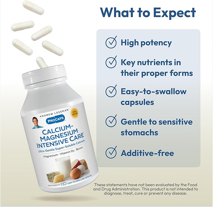 ANDREW LESSMAN Calcium Magnesium Intensive Care 720 Capsules - Bone and Skeleton Health Essentials. Easy to Swallow Capsules Super Soluble Fine Powder. Gentle to Even The Most Sensitive Stomachs