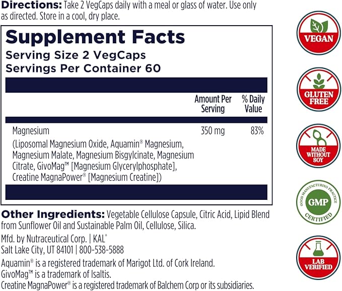 KAL Magnesium Complex 7 - Total Complex with Magnesium Glycinate Citrate Malate and More - Relaxation and Whole Body Support Supplements - Vegan 60-Day Guarantee - 60 Servings - 120 VegCaps