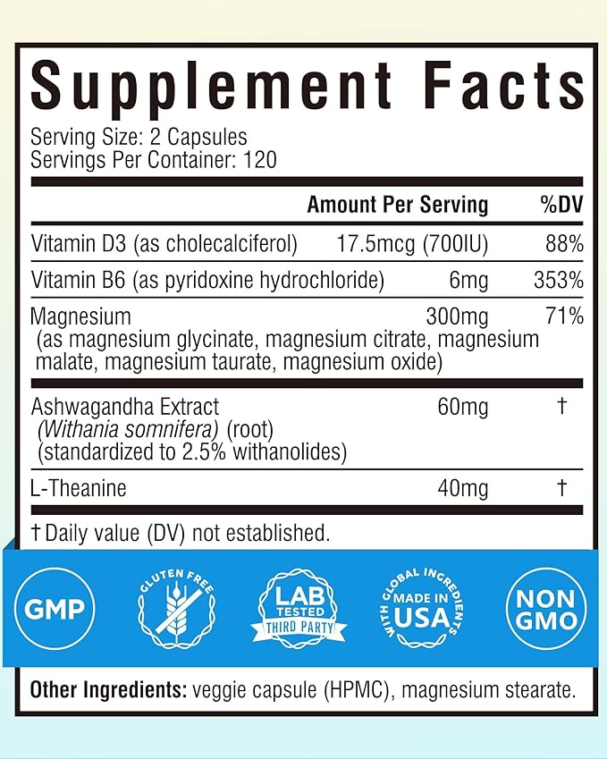 Terranics Magnesium Complex Supplement with Glycinate Citrate Taurate &amp Malate | Supports Nerve &amp Mood Health | Includes Ashwagandha L-Theanine Vitamin D3 &amp B6 | 240 Capsules | Non-GMO