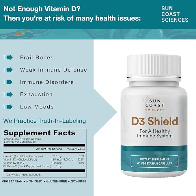 Sun Coast Science Sciences D3 Shield - Vitamin 5000 IU for Immune Support and Bone Health 60 Vegetarian Capsules K2 with 210mg Calcium Carbonate BioPerine Maximum Absorption