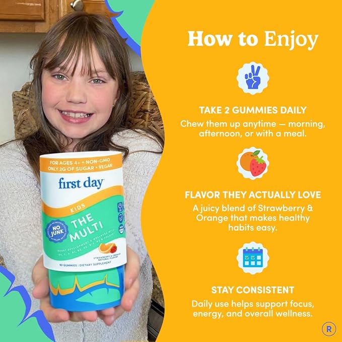 FIRST DAY Kids Multivitamin Gummies Age 4+ Strawberry &amp Orange - Kids Vitamins Multivitamin Gummy A C D3 K2 B1 B2 B6 B12 Folate Immunity &amp Brain Function Vegan - 60 Day Supply Packaging Ma