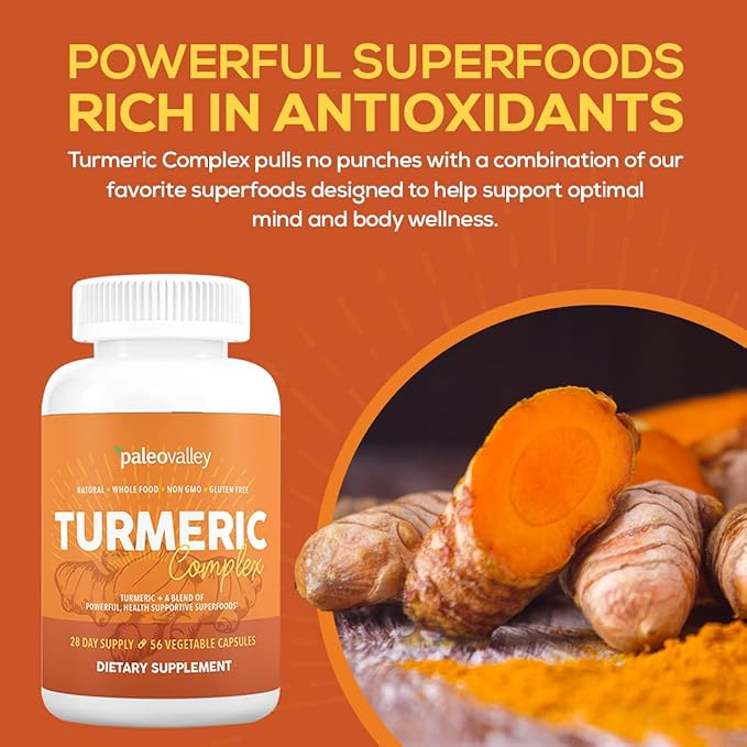 Paleovalley - Organic Turmeric Complex - Full Spectrum Organic Turmeric with Health-Supportive Superfoods - 56 Vegetarian Capsules - Support Joints Immunity Brain and Heart Health