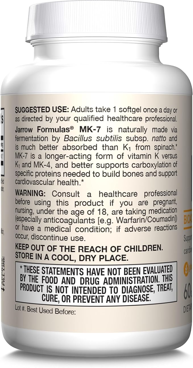 Jarrow Formulas MK-7 90mcg-Bioactive Form of VIT K2-60 Servings(Softgels)-for Bone &amp CV Health-VIT K2 MK-7 Dietary Supp-K2 VIT Supp MK-7-Gluten Free12 Pack