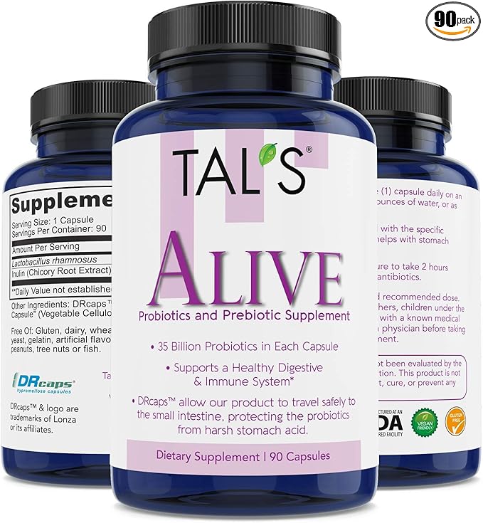 TAL'S Alive Probiotics &amp Prebiotics Supplement | 90ct - 35 Billion CFU | DR Caps for Effective Absorption| Promotes Healthy Immune Digestive Health | Improve Your Gastrointestinal (GI) System