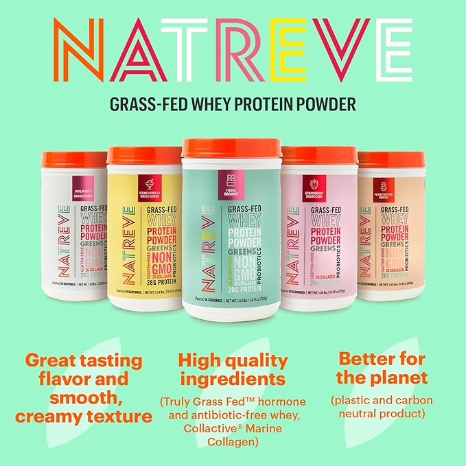 Natreve Whey Protein Powder - 28g Grass-Fed Whey Protein with Amino Acids Probiotics &amp Collagen - Gluten Free Fudge Brownie 18 Servings