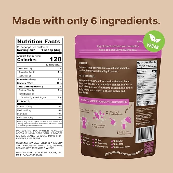 The Bomb Co. Bomb Plant Protein Protein Powder with 21g Protein Amino Acids Zero Sugar Pea Protein Cocoa Chia Seeds Pumpkin Seeds Vanilla &amp Monk Fruit Gluten Free Chocolate Flavor 20 Sr