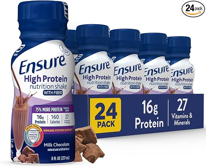 Ensure High Protein Bottled Milk Chocolate Nutrition Shake with Fiber Ready to Drink 16g Protein and 27 Vitamins and Minerals 8 fl oz 24 Pack