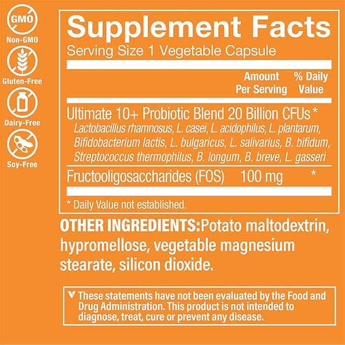 The Vitamin Shoppe Ultimate 10+ Probiotics 20 Billion CFU - 10 Probiotic Strains for Digestive Health Immune &amp Gut Support (60 Vegetable Capsule)