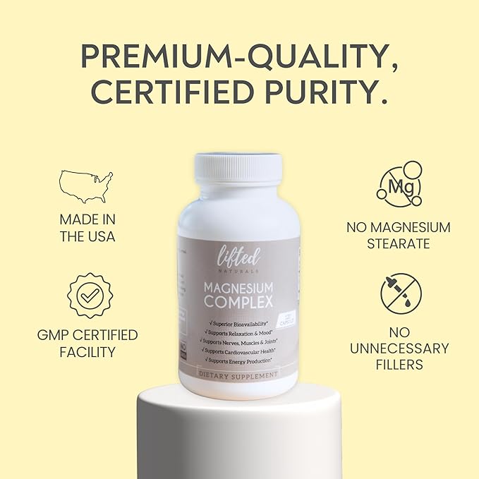 Magnesium Complex - Lifted Naturals Magnesium Supplement w/Bisglycinate Malate Taurate - 120 Capsules - Bioavailable Magnesium Formula for Mood Sleep Energy Support*